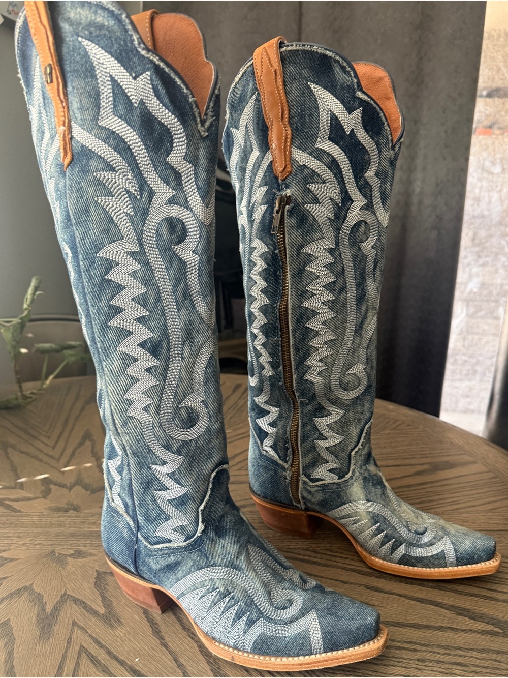 Dan Post Denim Darlin Embroidered Western Knee-High Boots with Tan Accents